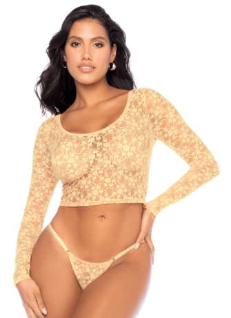 Ensemble 2 pièces en dentelle jaune pastel, crop top et string - MAL8918LYLW